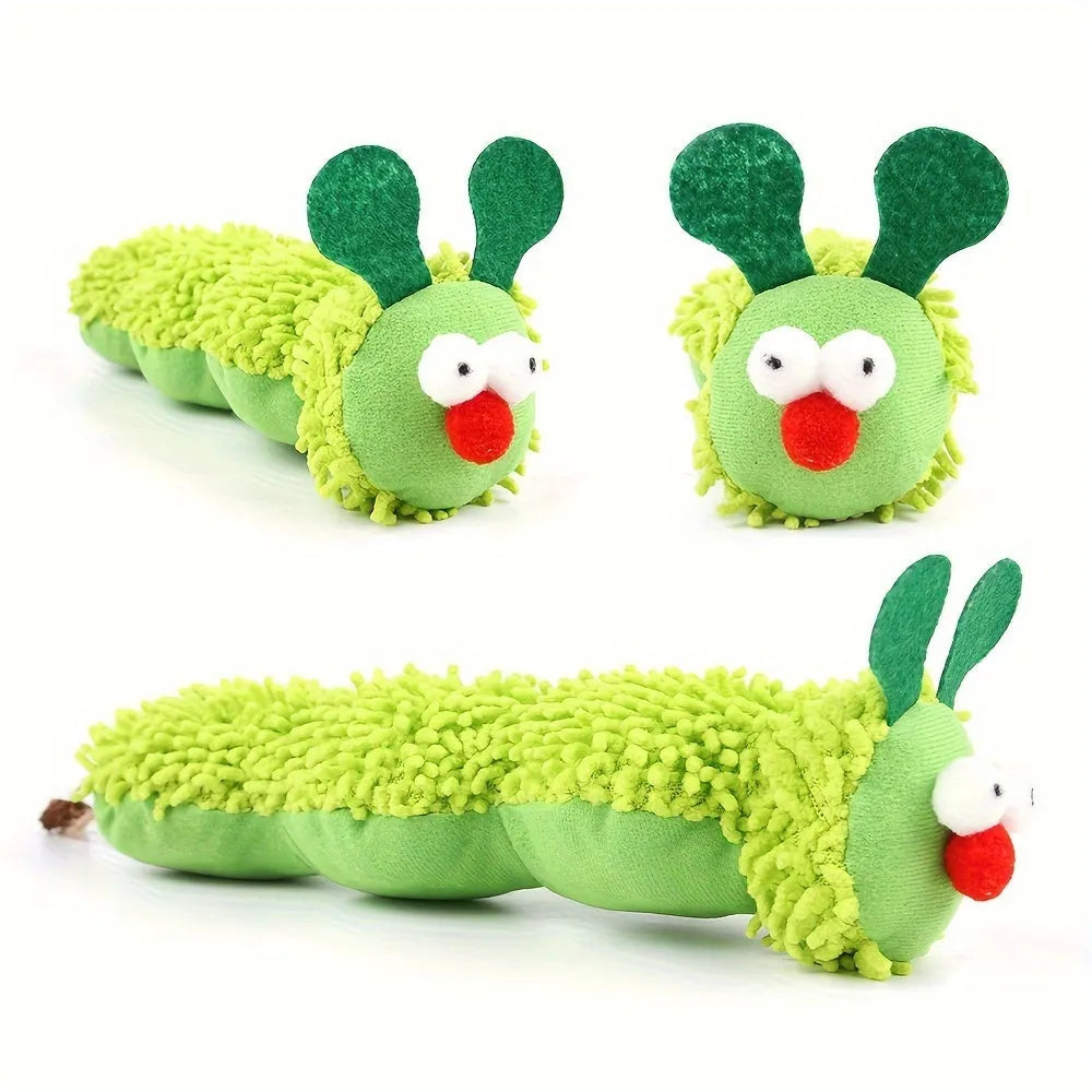 Green interactive plush cat toy pillow on a surface, showing soft fabric and dimensions.