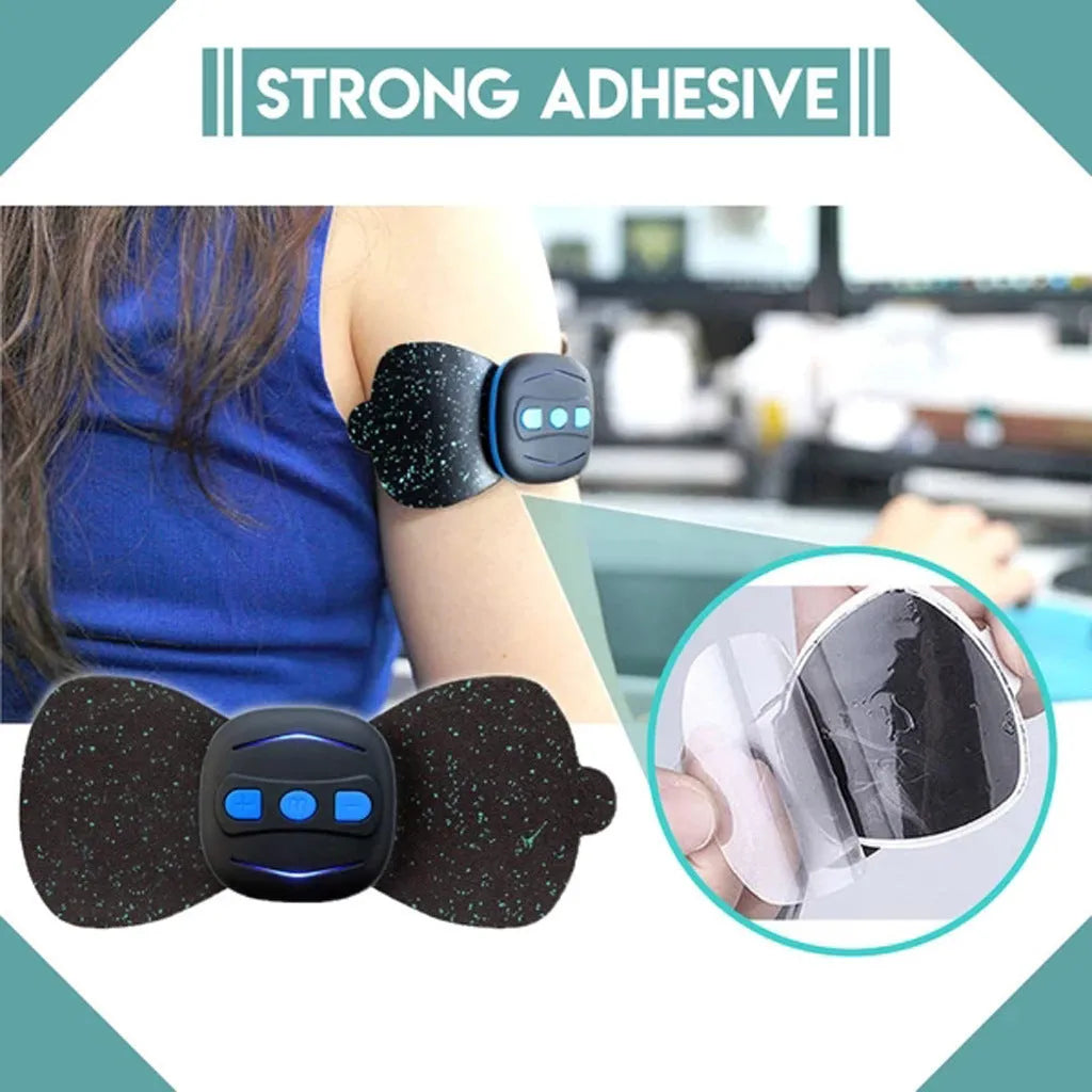 Portable mini neck massager in black with USB cable and single massage patch