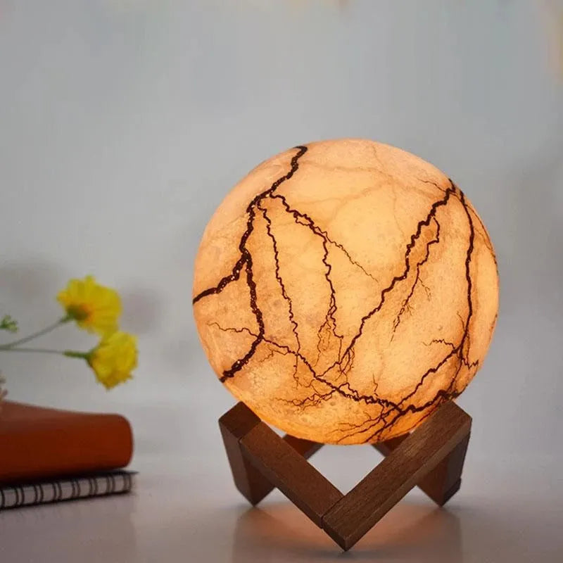 3D painted moon LED night light in 15cm size with warm glow on wood bracket