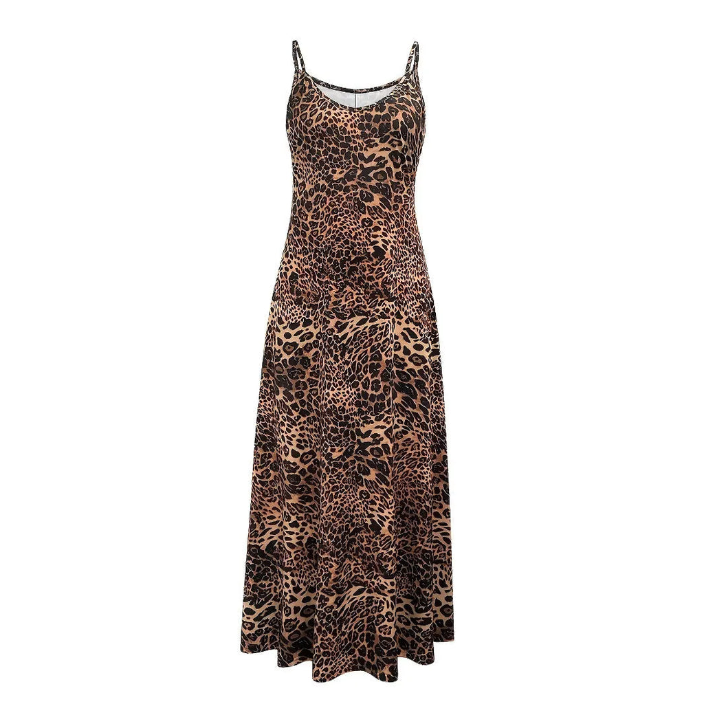 Dark brown leopard print sleeveless dress with loose fit and round neck
