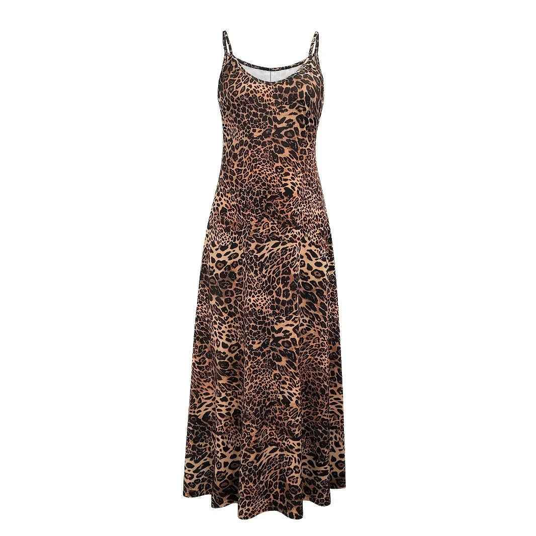 Dark brown leopard print sleeveless dress with loose fit and round neck