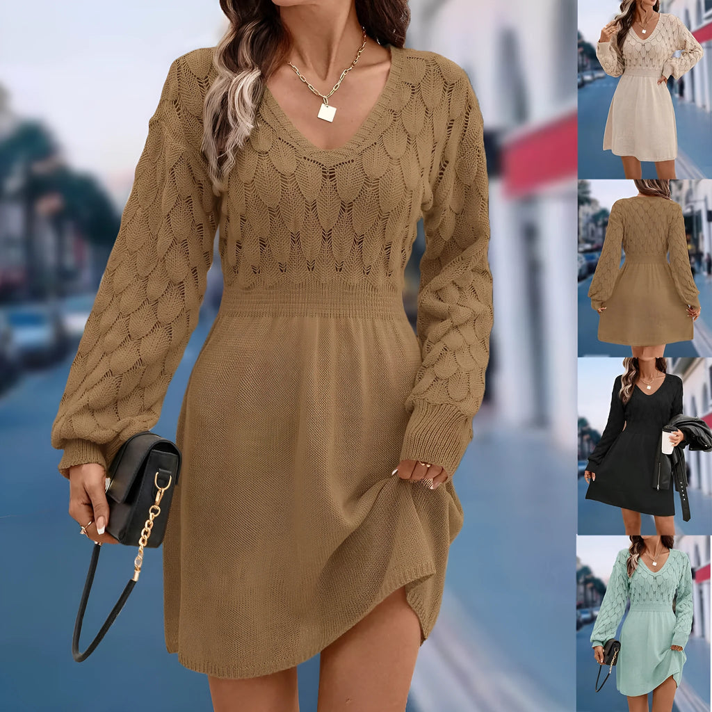 Long sleeve V-neck beach dress with high waist, midi skirt, and artistic 3D pattern in acrylic fabric.