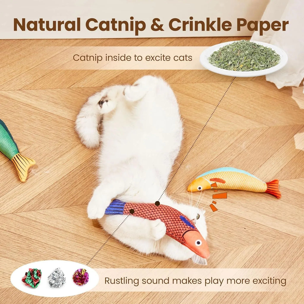 Catnip fish kicker toy in green, orange, or yellow with soft plush and cotton construction