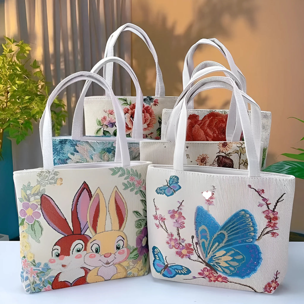 Double-sided gold wire embroidery canvas tote bag in small, medium, or large size with inner bag.