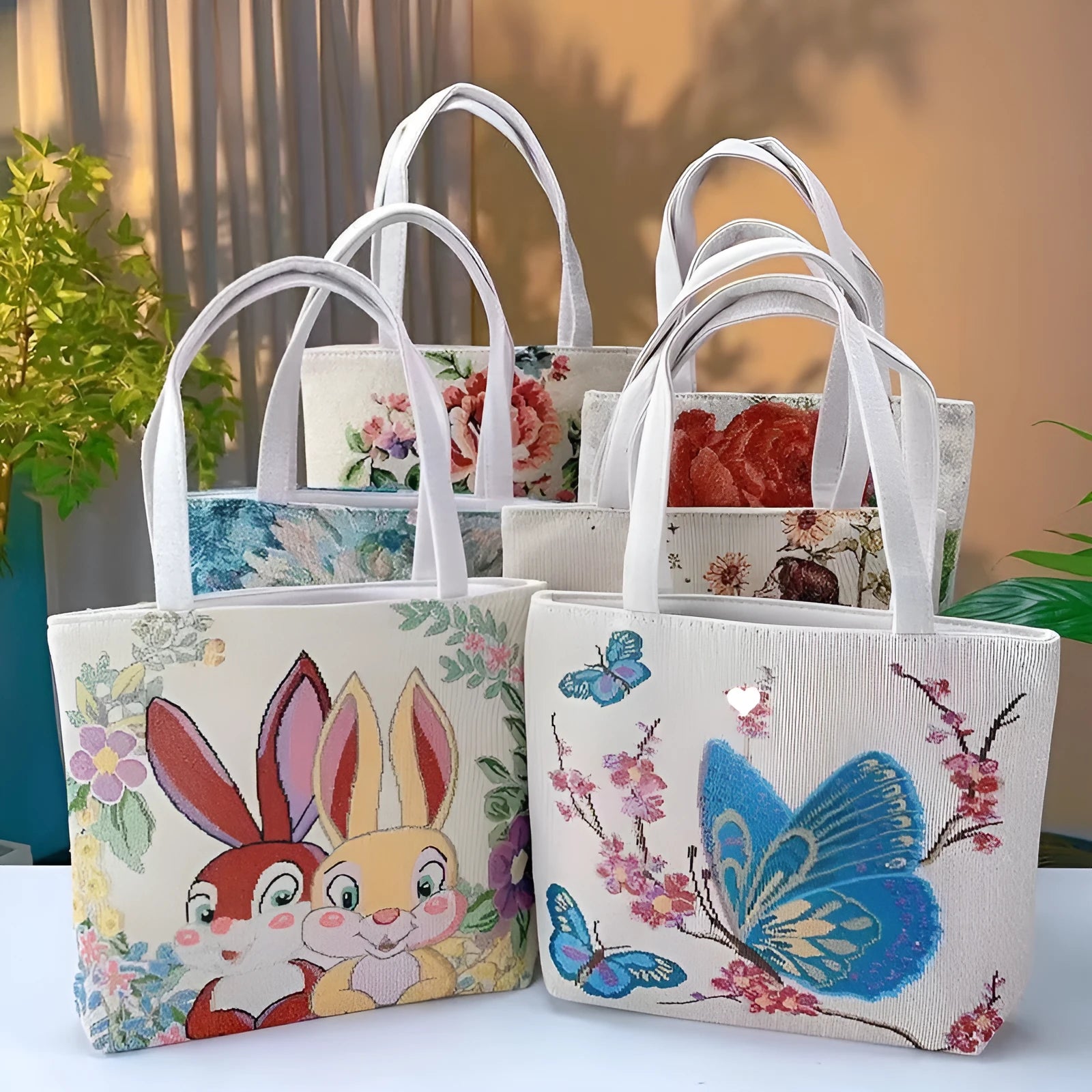 Double-sided gold wire embroidery canvas tote bag in small, medium, or large size with inner bag.