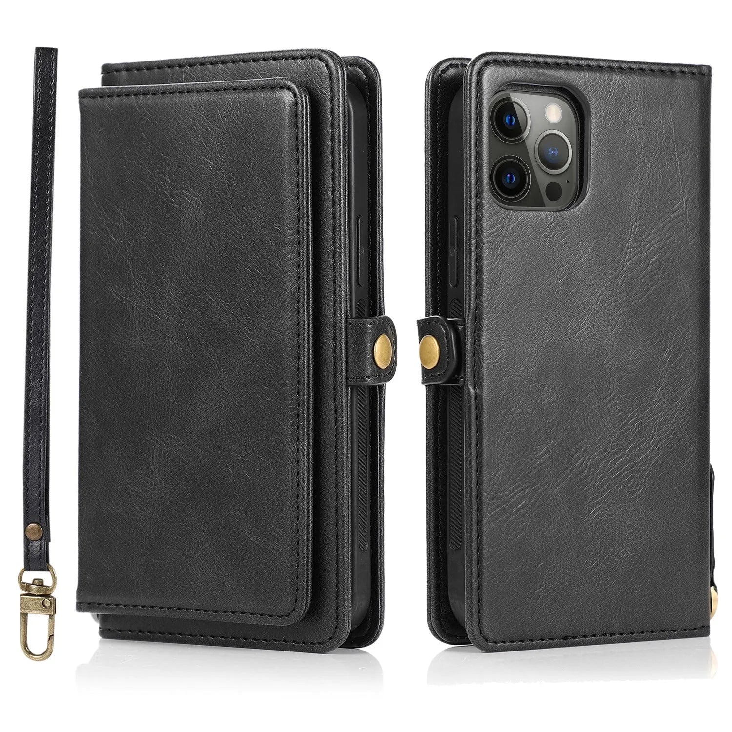 Flip card wallet phone case with magnetic suction for iPhone 13 14 15 16 series in 258 Black