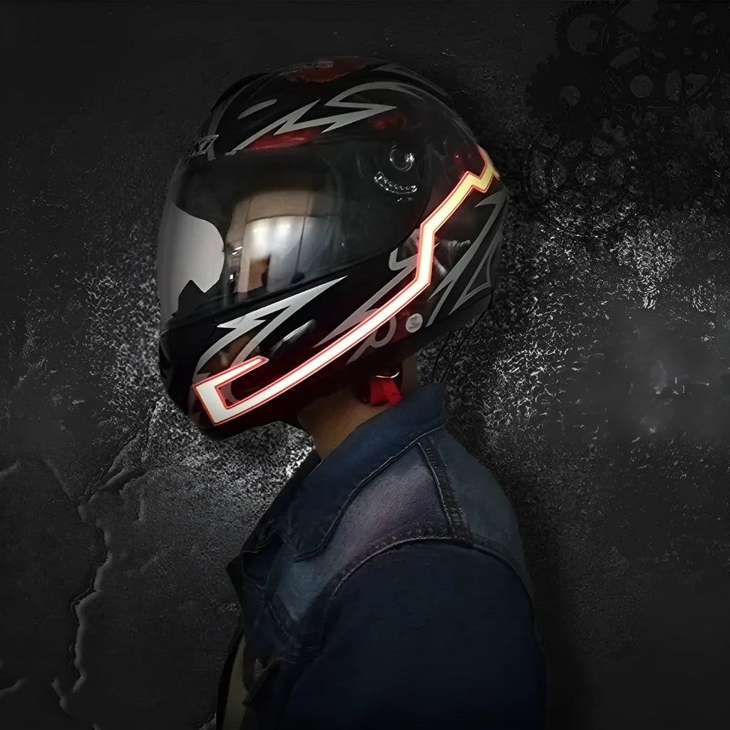 Motorcycle helmet EL light strip 380mm in blue, showing three modes: always on, flash, flash flash
