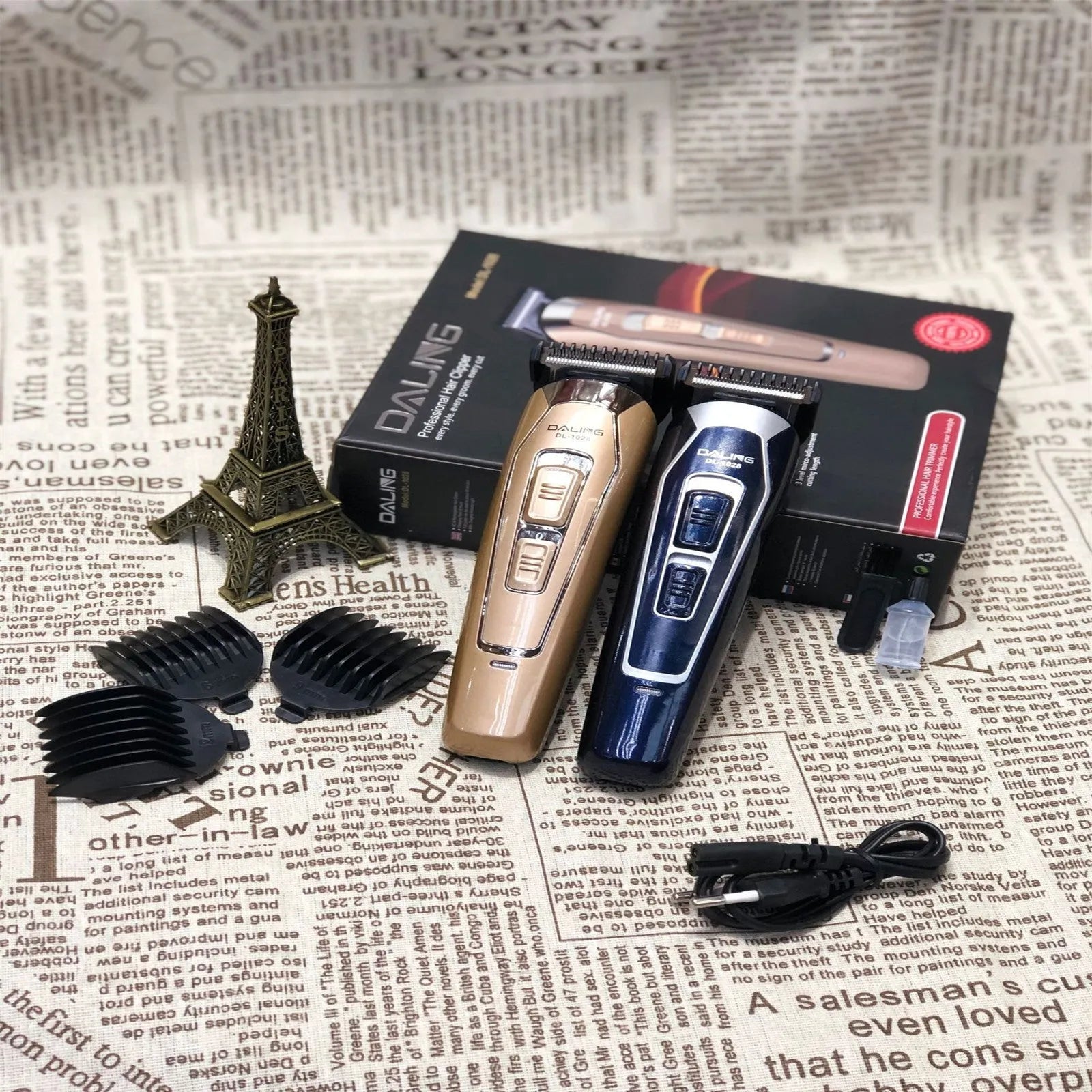 Dark blue rechargeable electric hair clipper with stainless steel blades