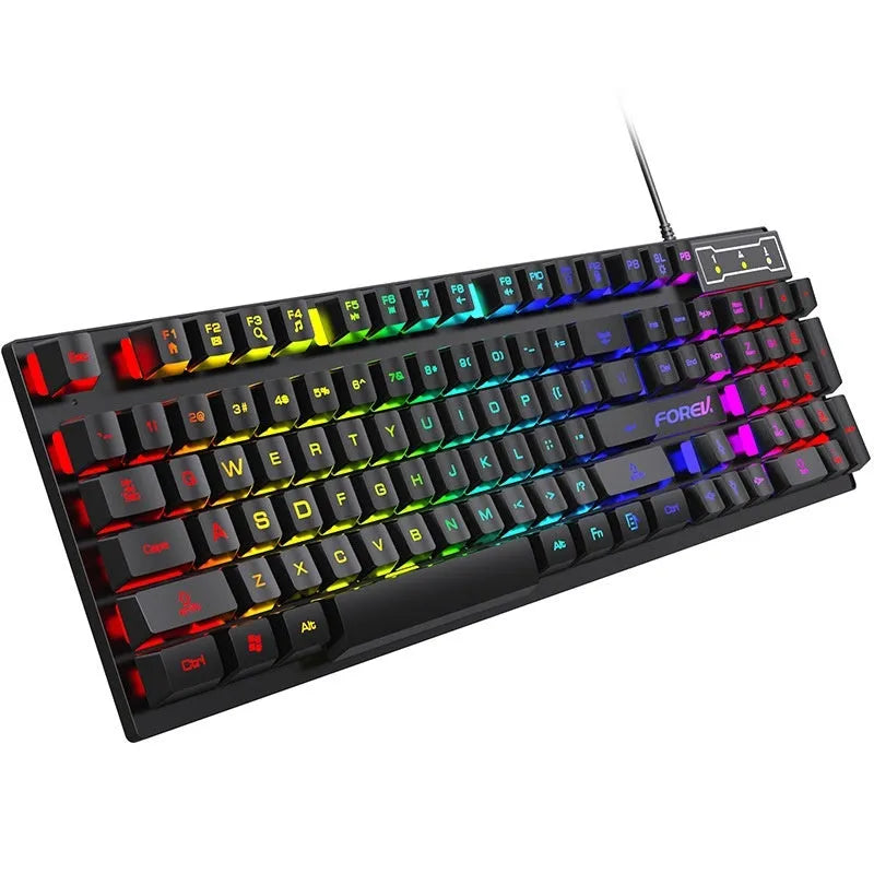 Black 104-key mechanical gaming keyboard with backlighting on desktop