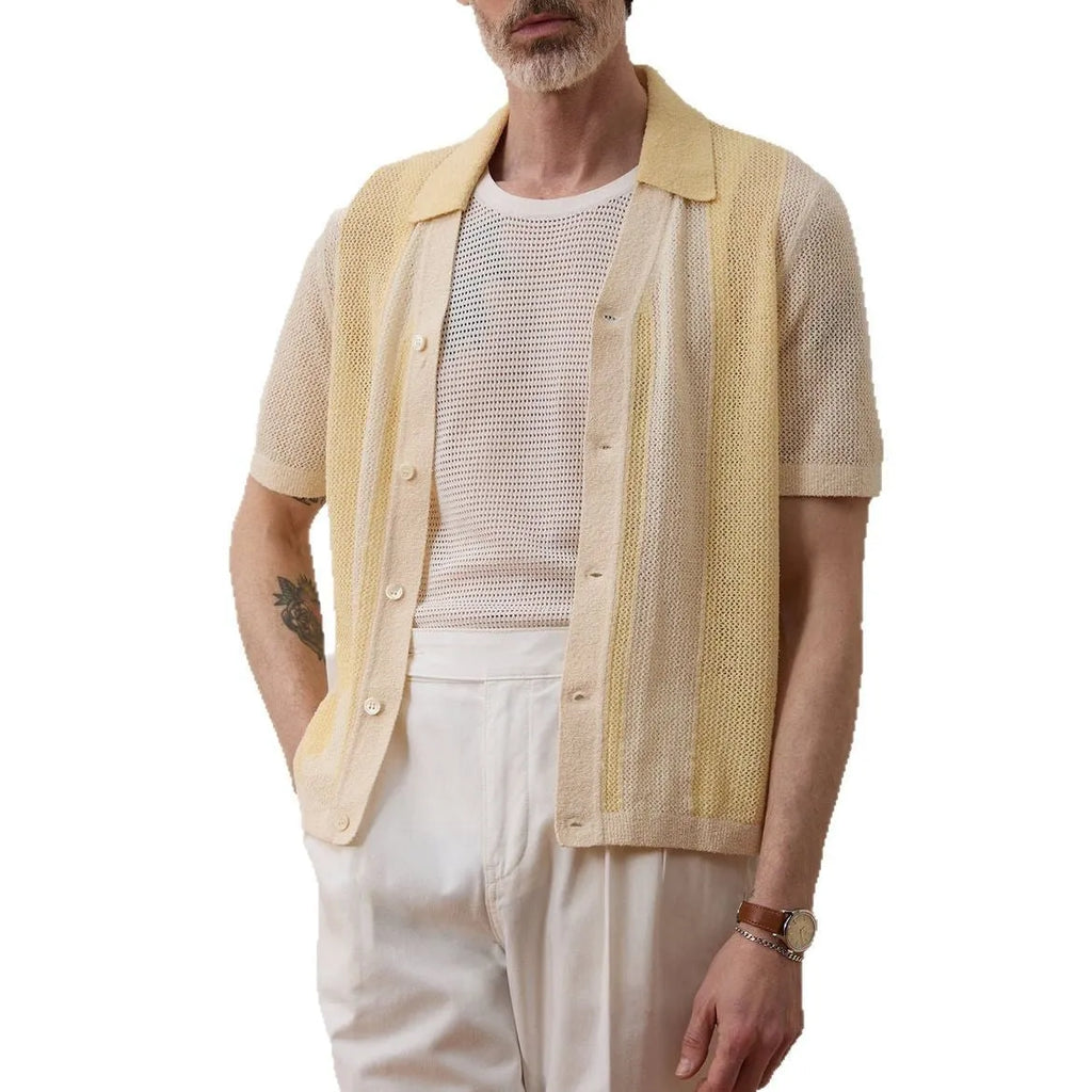 Yellow women's short-sleeved polo shirt with hollow-out asymmetric design, made from Tencel fabric.