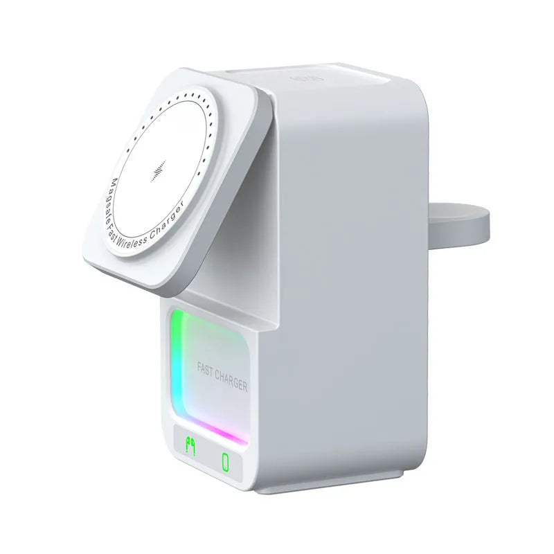 White and black Bluetooth speaker wireless charging station with 23W fast charging capability