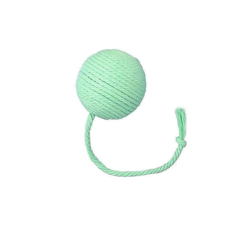Cat toy ball with rope and bell in green pink purple yellow colours showing 3cm and 6cm size options