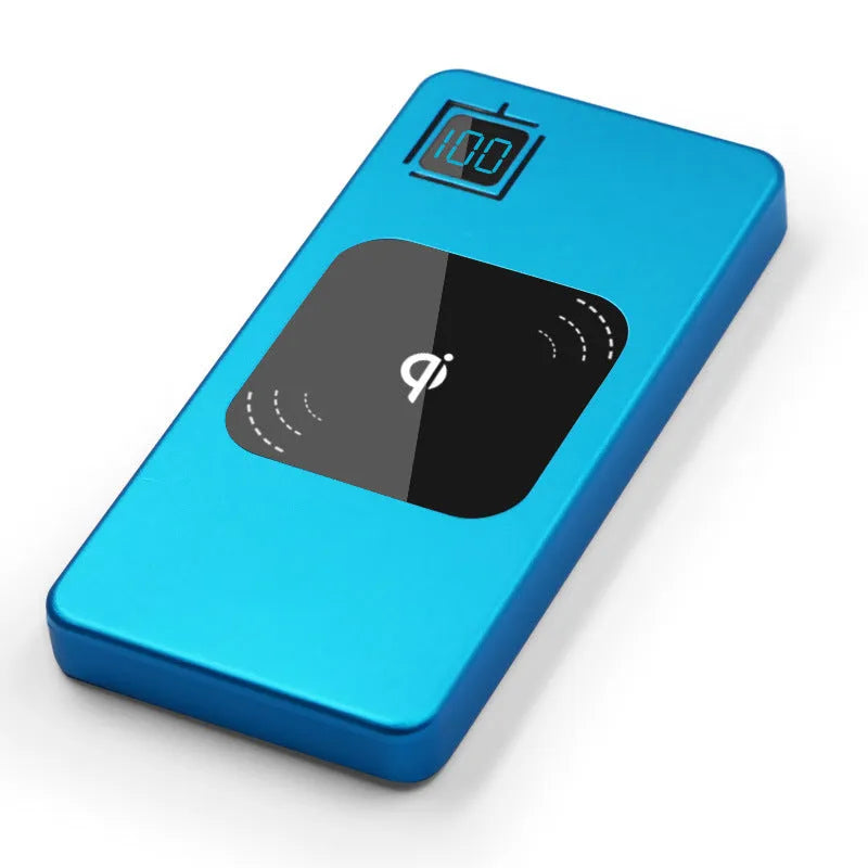 Alloy mobile power bank with LCD display showing capacity available in black silver red and blue