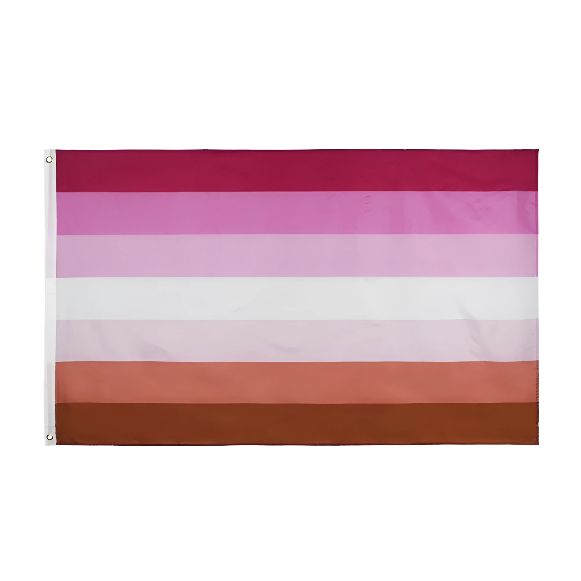 Lesbian pride rainbow banner, 90x150cm, polyester fibre, hung on a fence for display.