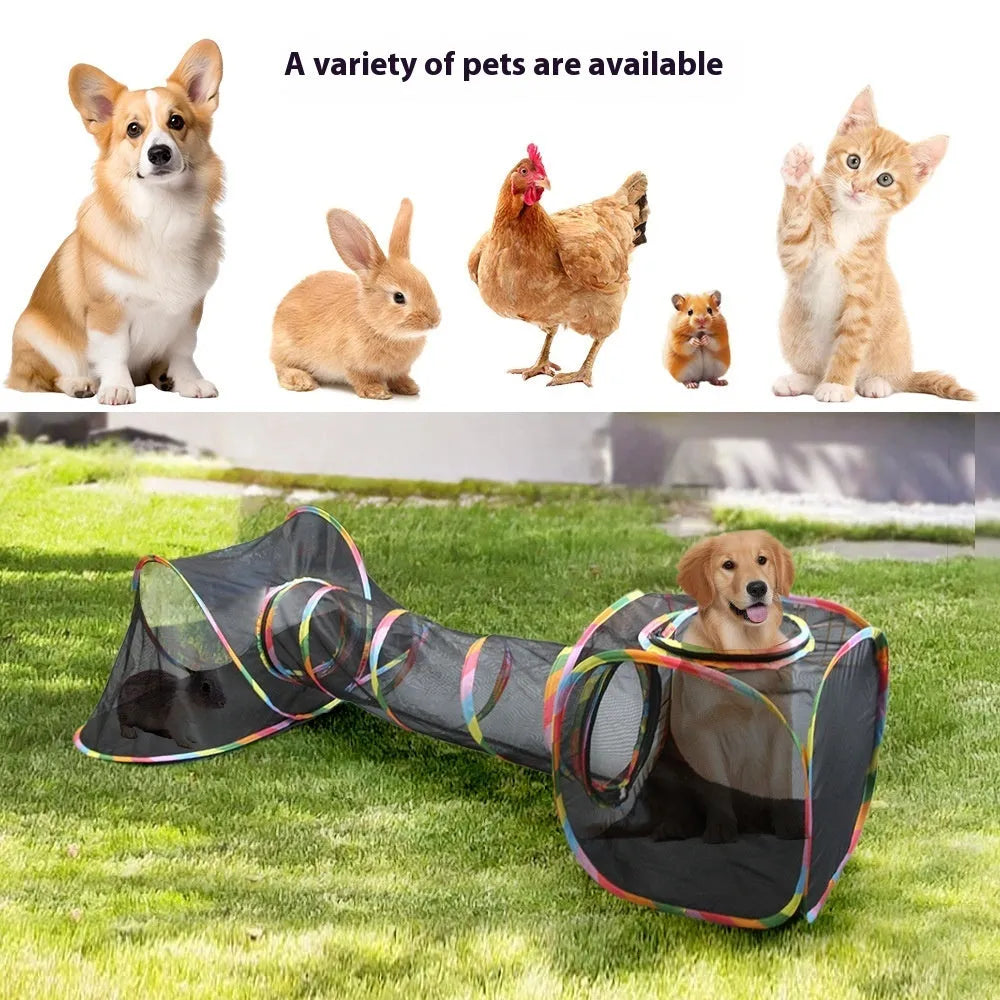 Foldable mesh cat cage in a hexagon shape, showing collapsible panels and breathable fabric.