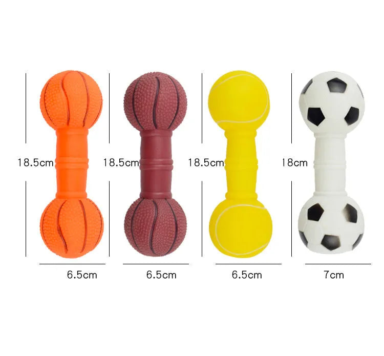 Brown, orange, white, and yellow PVC football dumbbell shaped squeaky dog chew toy