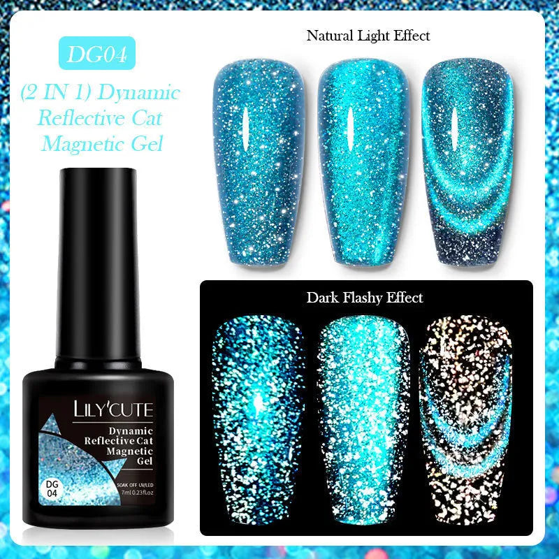 Cat eye nail polish gel bottles showing six colour options with diamond glitter fragments