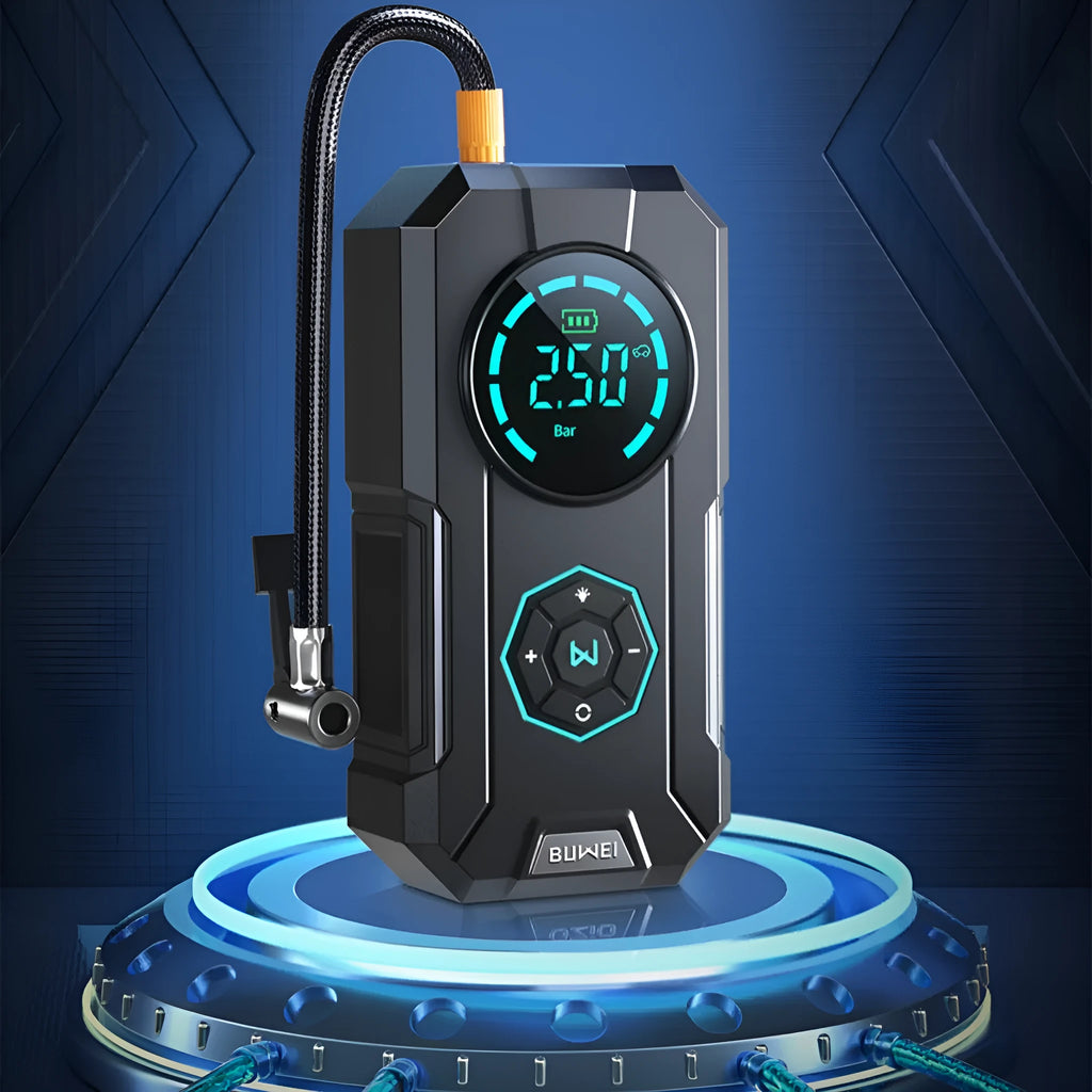 Car wireless portable air inflator with 80W power, ABS elastic paint finish, lighting, and USB charging