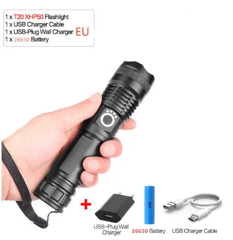 USB charging Zoom P50 flashlight with XHP50 bulb, telescopic zoom, aluminium shell, waterproof, drop-resistant, five light modes