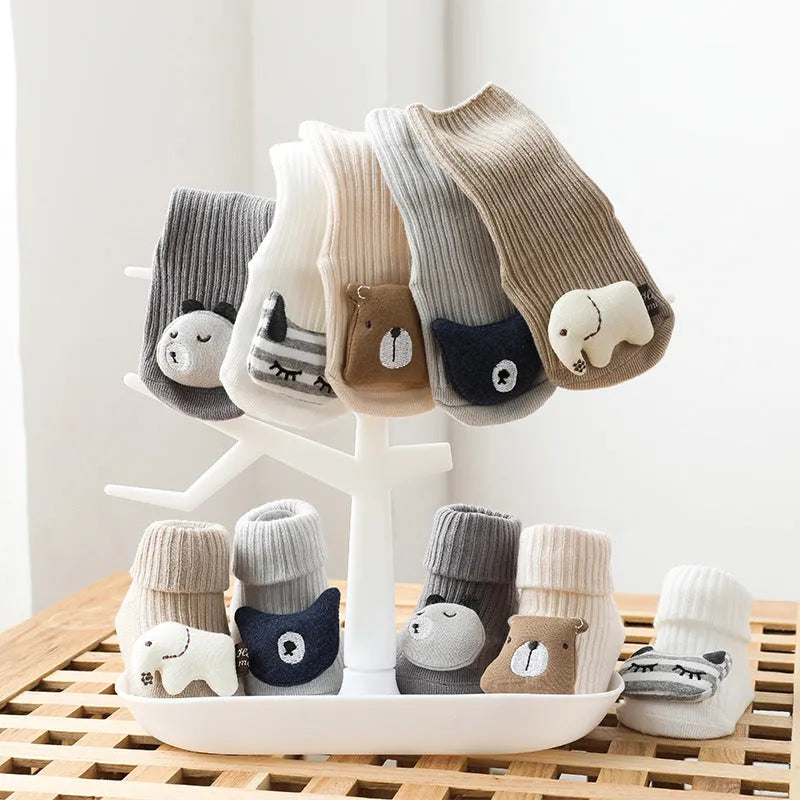 Baby non-slip socks with glue print sole in blue white bear colour, loose fit combed cotton middle tube