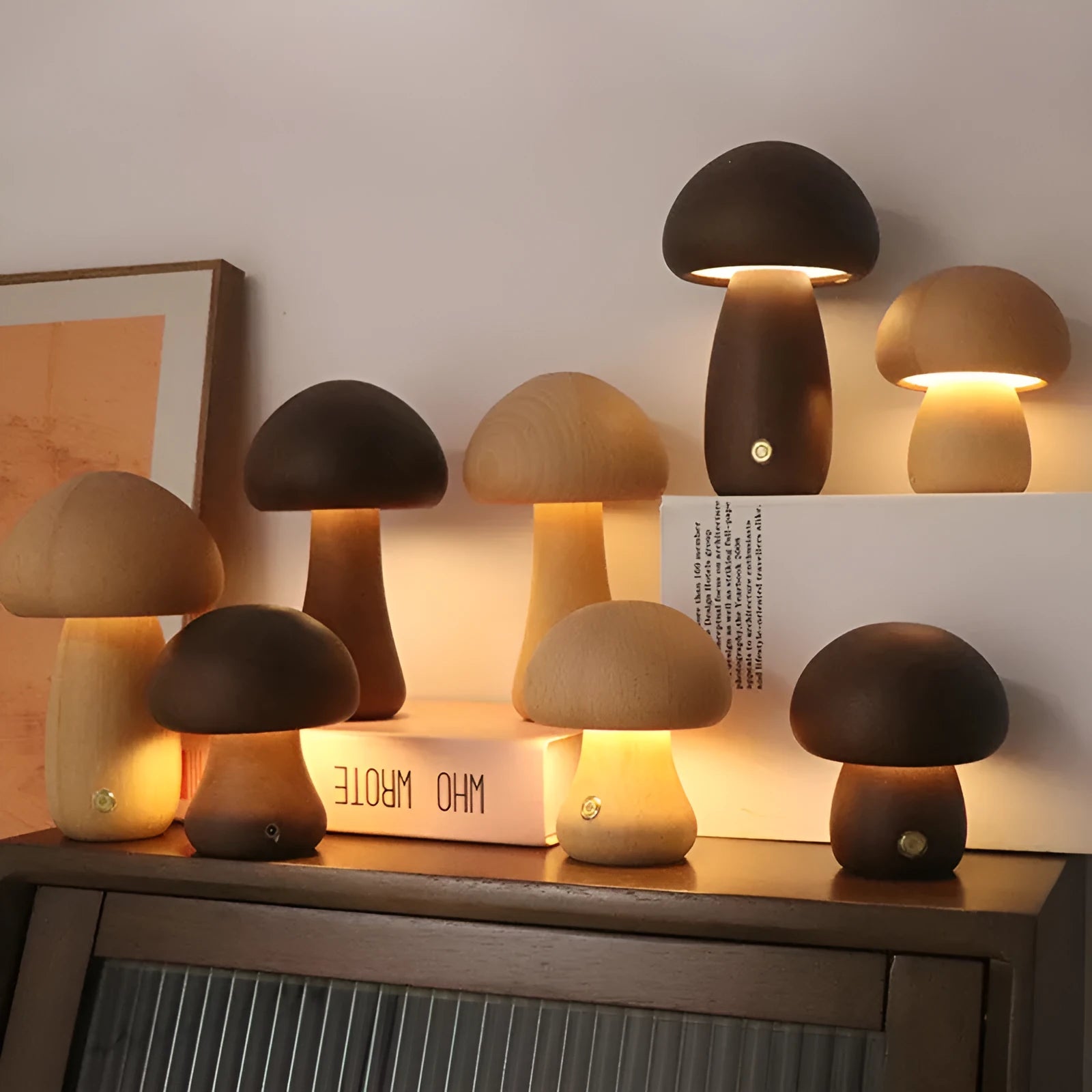 Wooden mushroom LED night light with touch switch in walnut finish on a bedside table