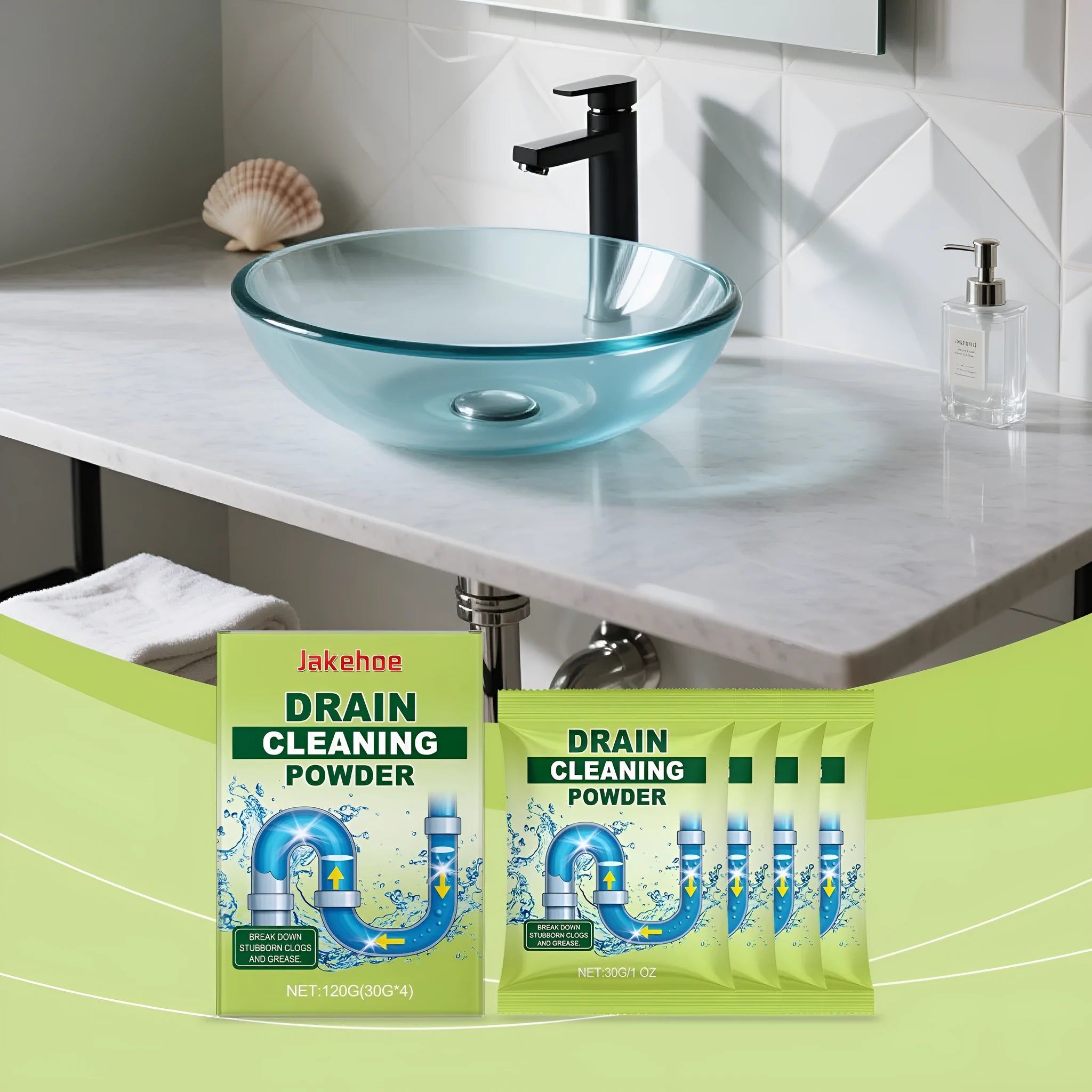 A 120g bottle of drain cleaning powder for unblocking sinks.