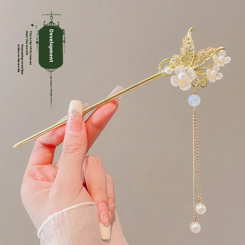 Chinese style ebony hairpin with electroplated alloy and floral ancient design