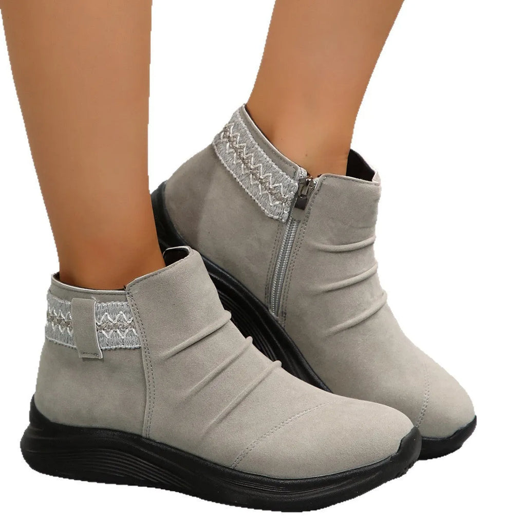 Round head women's frosted martin boots in black with platform heel and side zipper