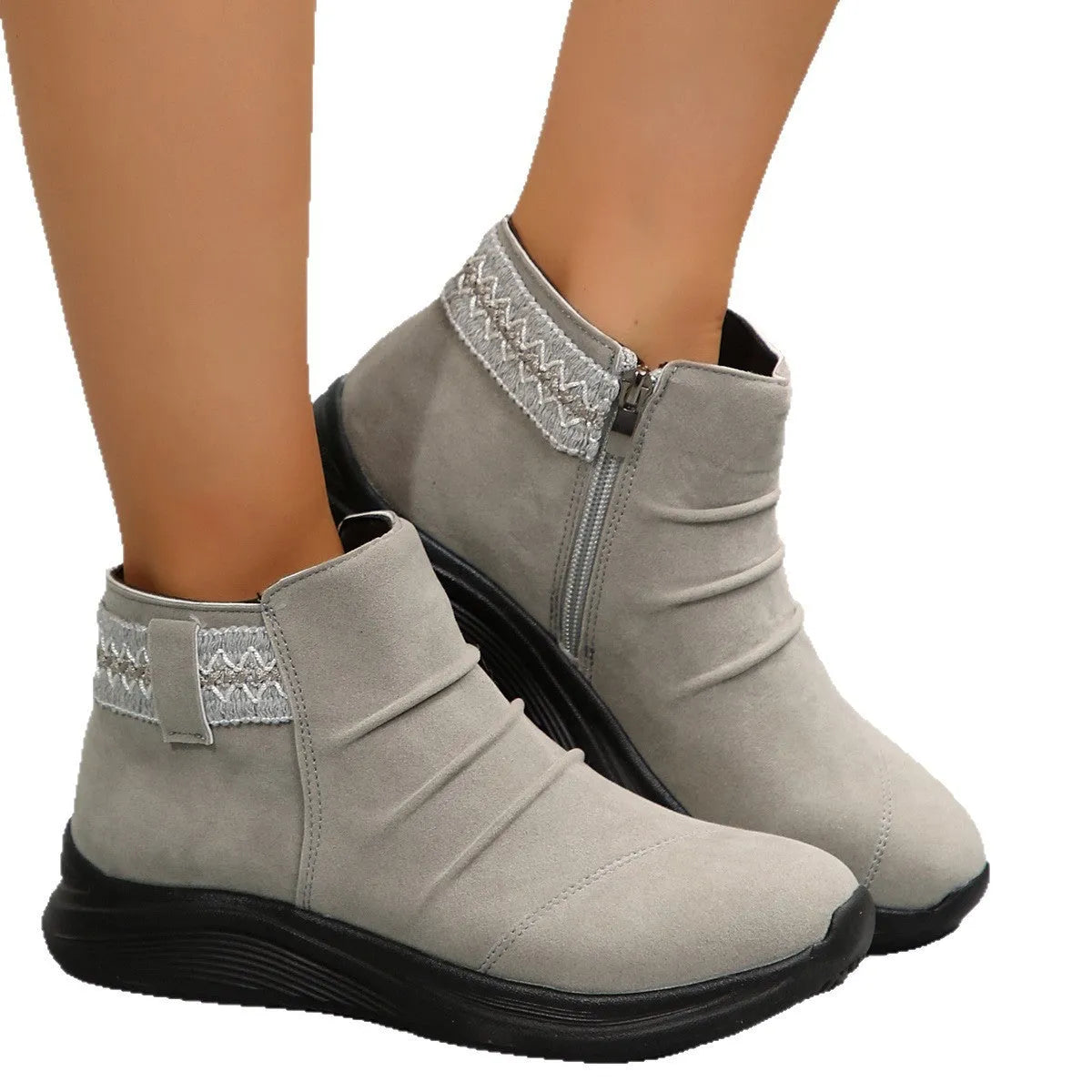 Round head women's frosted martin boots in black with platform heel and side zipper