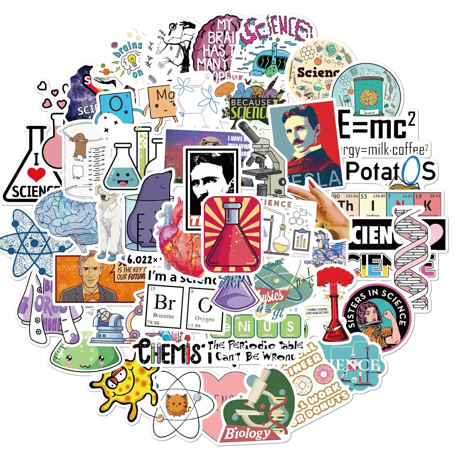 50 cartoon PVC waterproof stickers in assorted graffiti styles including astronaut, drink, and animal designs on a white background
