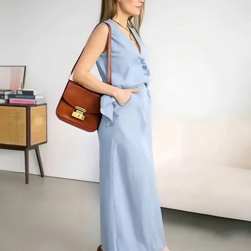 Women's casual two-piece suit set with sleeveless vest and long ankle-length skirt in polyester fabric