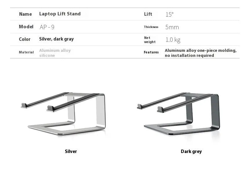 Black aluminium alloy foldable laptop stand with adjustable tilt on desktop
