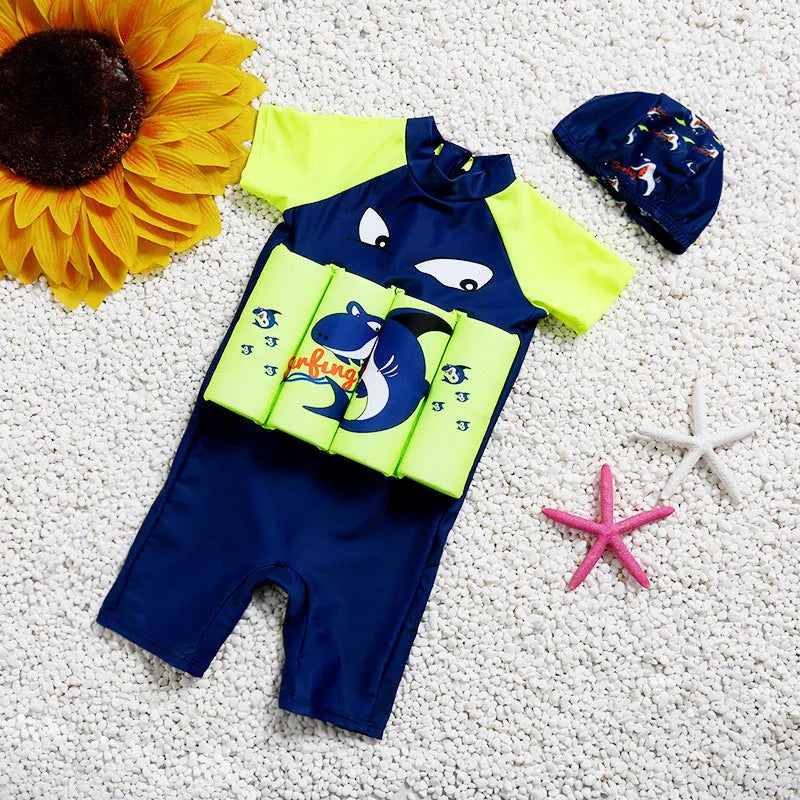 Shark Boy plaid design buoyancy swimsuit for children with sun protection and one-piece floating support