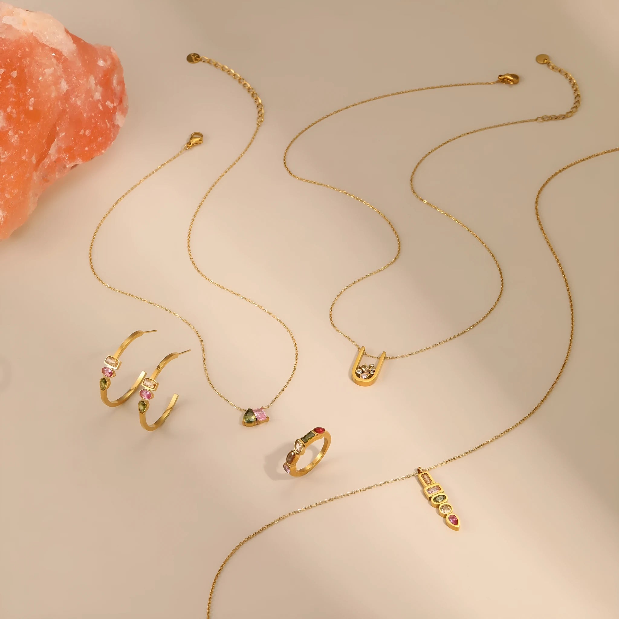 Geometric colour zircon necklace, ring, and earrings set with gold plating on a stainless steel chain