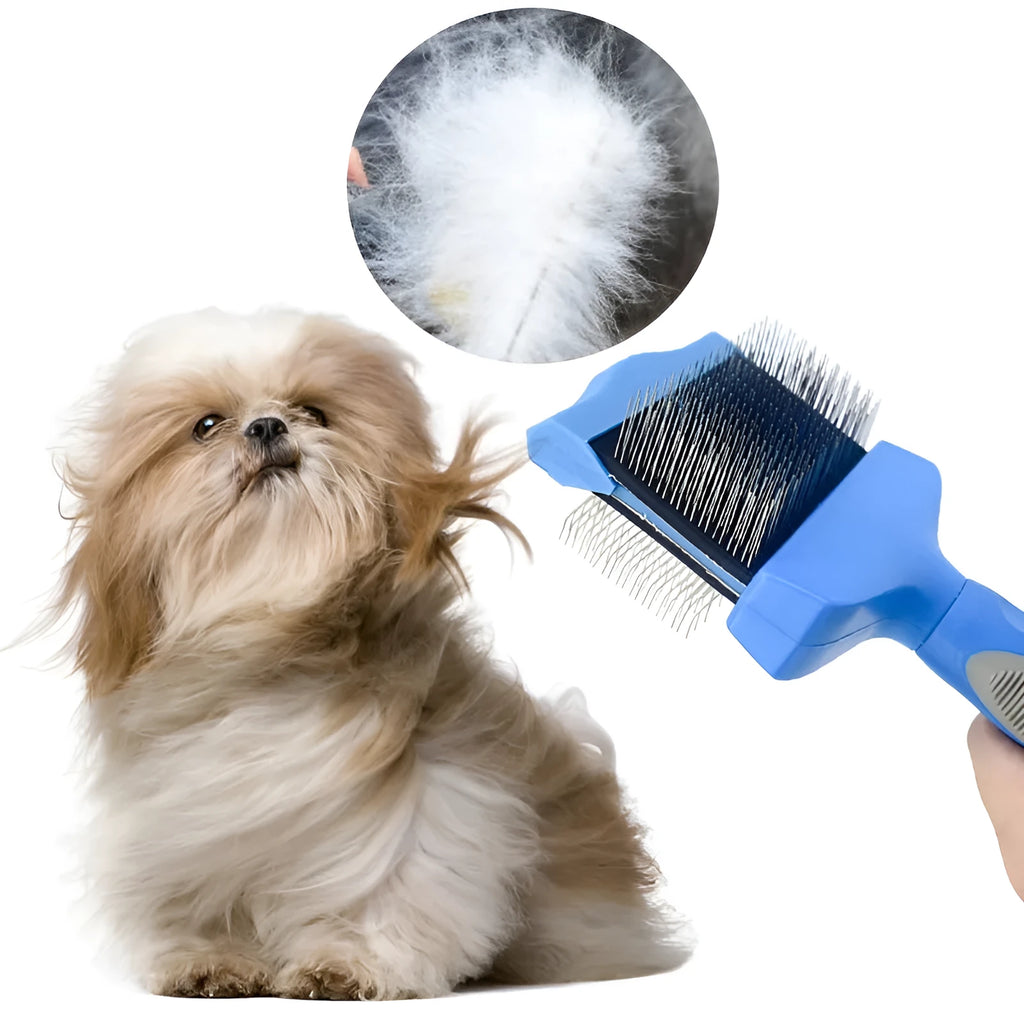 Double-sided pet brush with stainless steel pins in blue colour, showing ergonomic handle and flexible brush head
