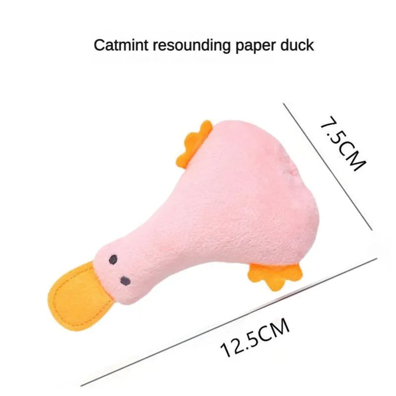 Yellow duck plush pet toy with catnip filling and rattle sound for cats and dogs