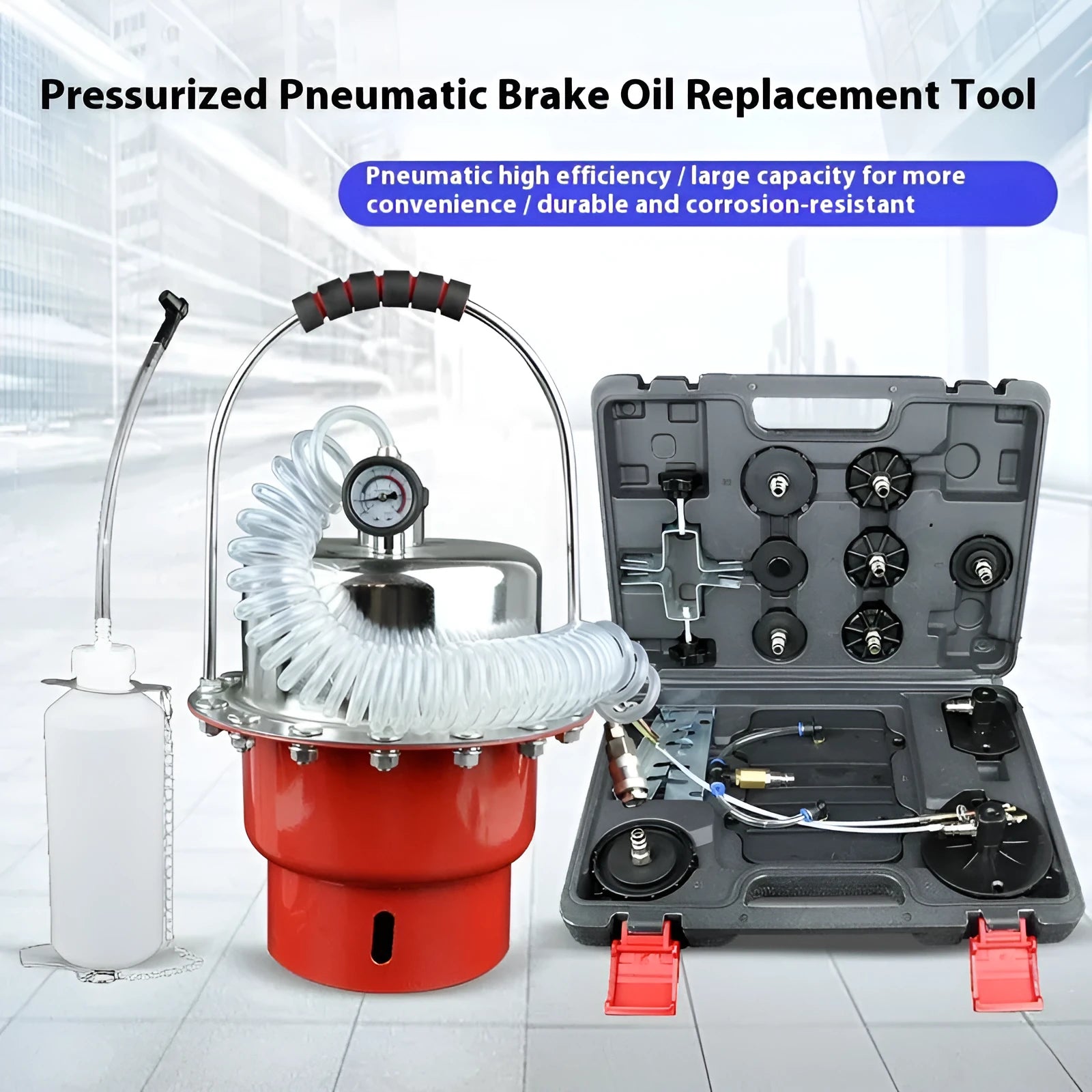 Pneumatic brake fluid replacement machine with pressure gauge and regulator, 49x30x42cm steel frame, 10 litre tank capacity