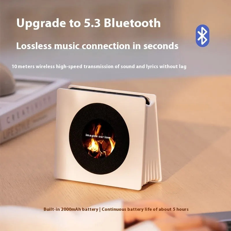 Floating Lyrics Dynamic Bluetooth Speaker Retro in Elegant White with lighting effects on desktop