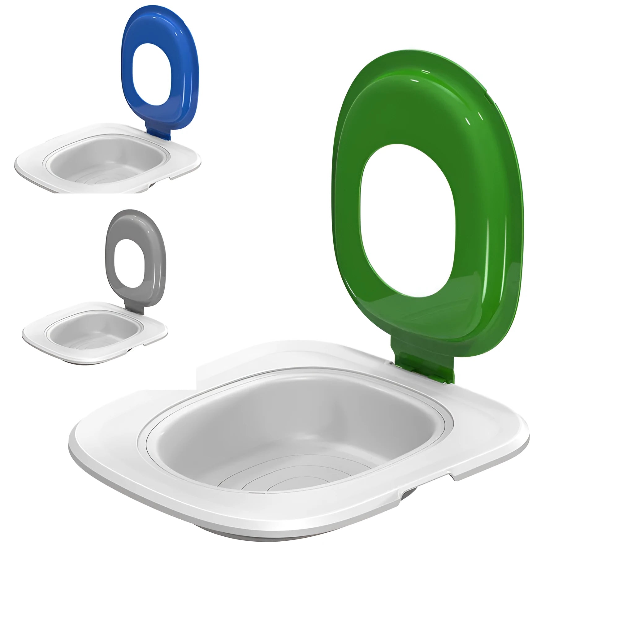 Fifth generation cat toilet trainer mat in blue, grey, or green colours made from ABS plastic.