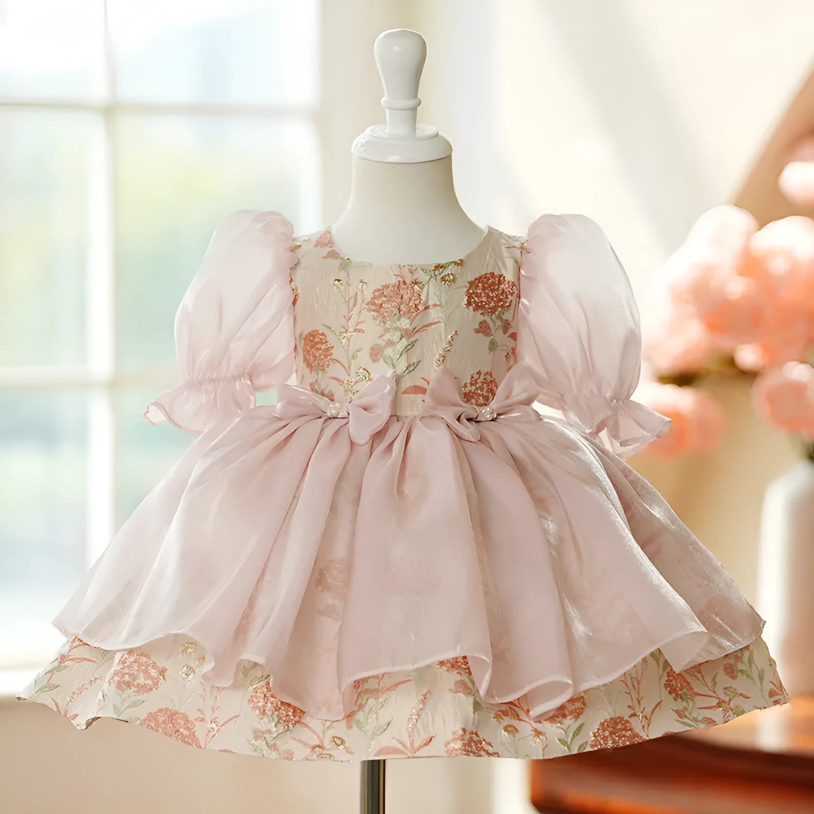 Girls' pink polyester princess-style piano performance dress suitable for height 80 to 150cm