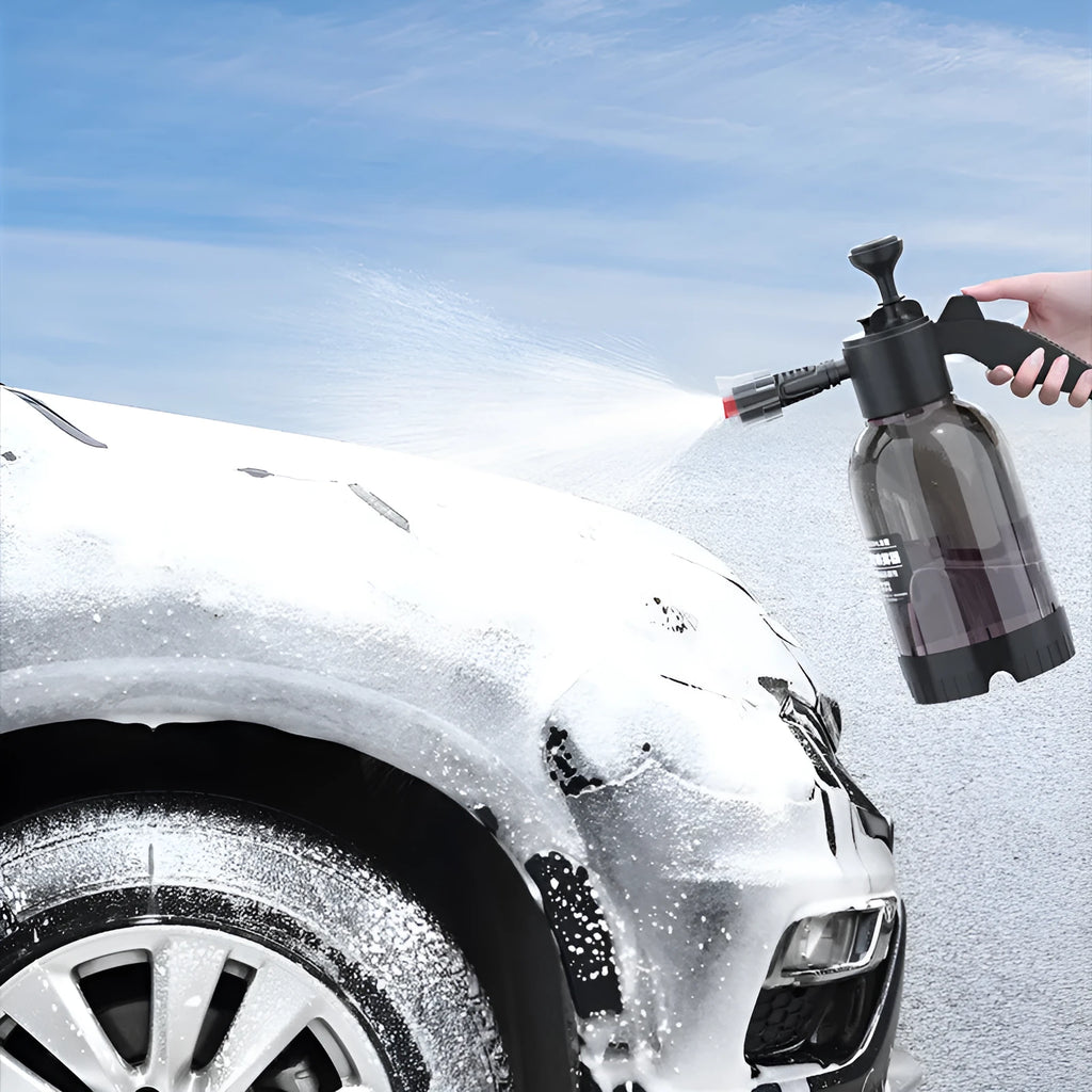 Black hand-held foam sprayer with 2L capacity, ergonomic handle, and switch lock for gardening and car washing.