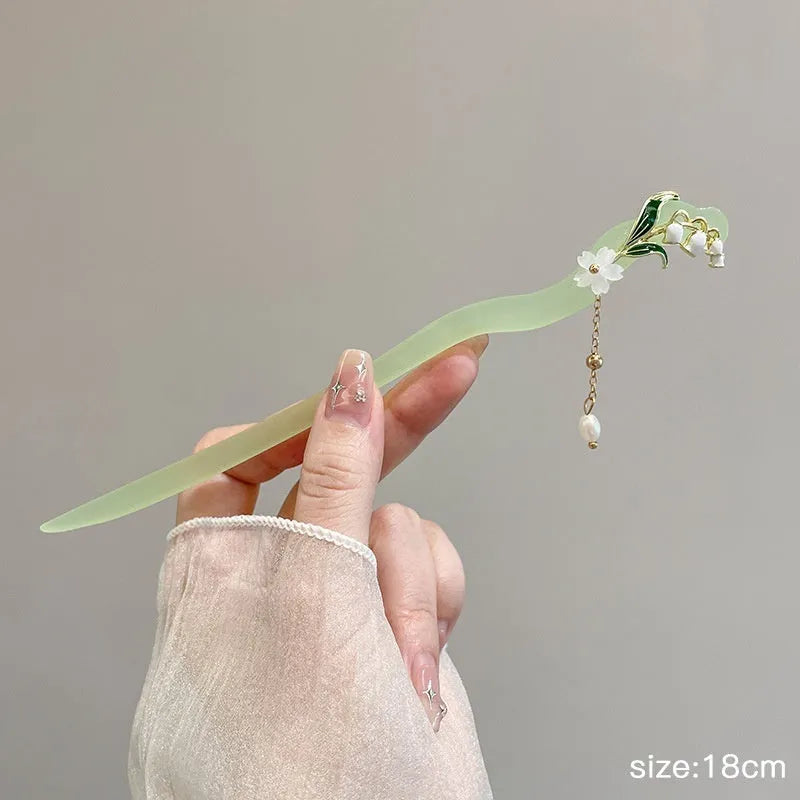 Chinese style ebony hairpin with electroplated alloy and floral ancient design
