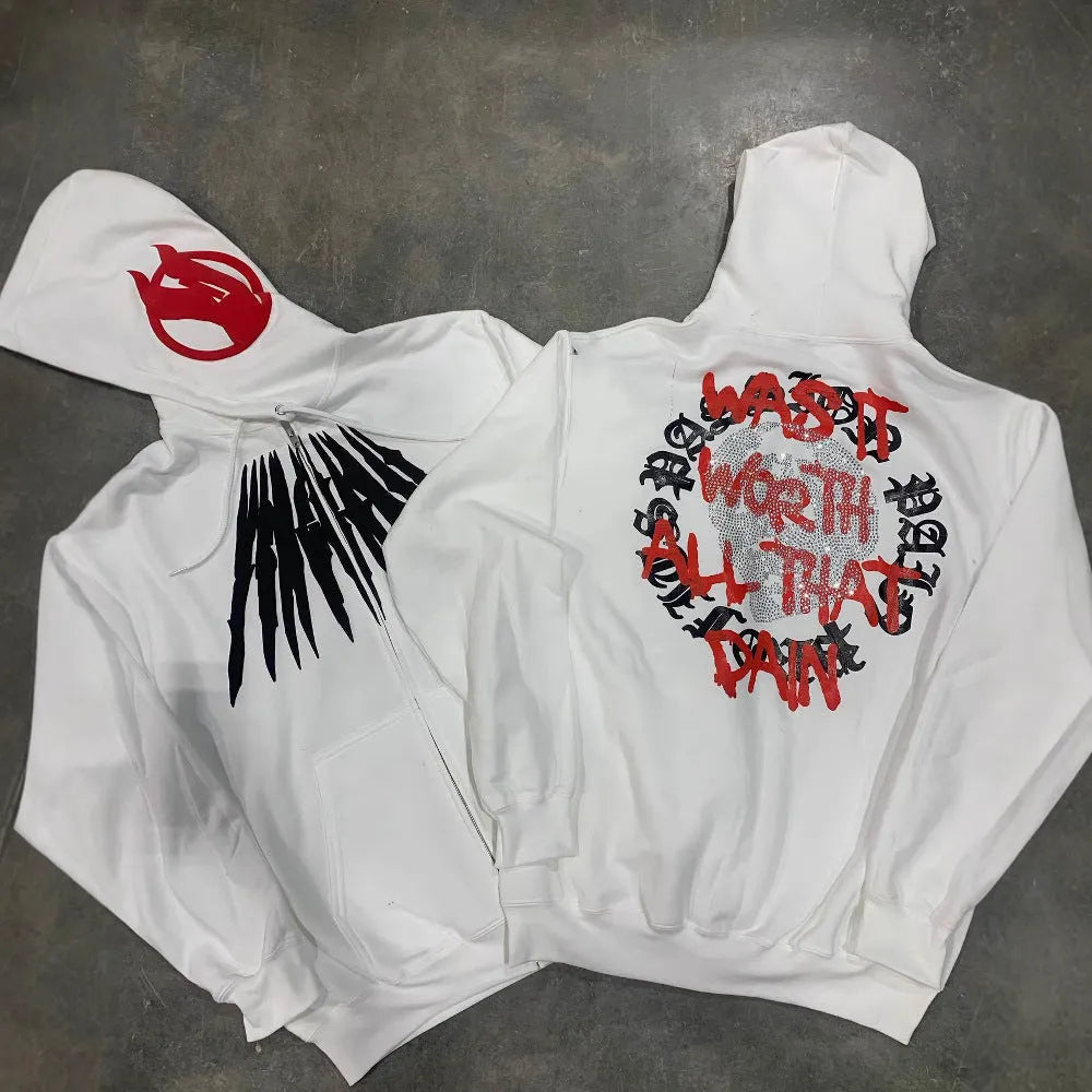 Printed skull pattern hooded sweatshirt with rhinestone detailing in black or white