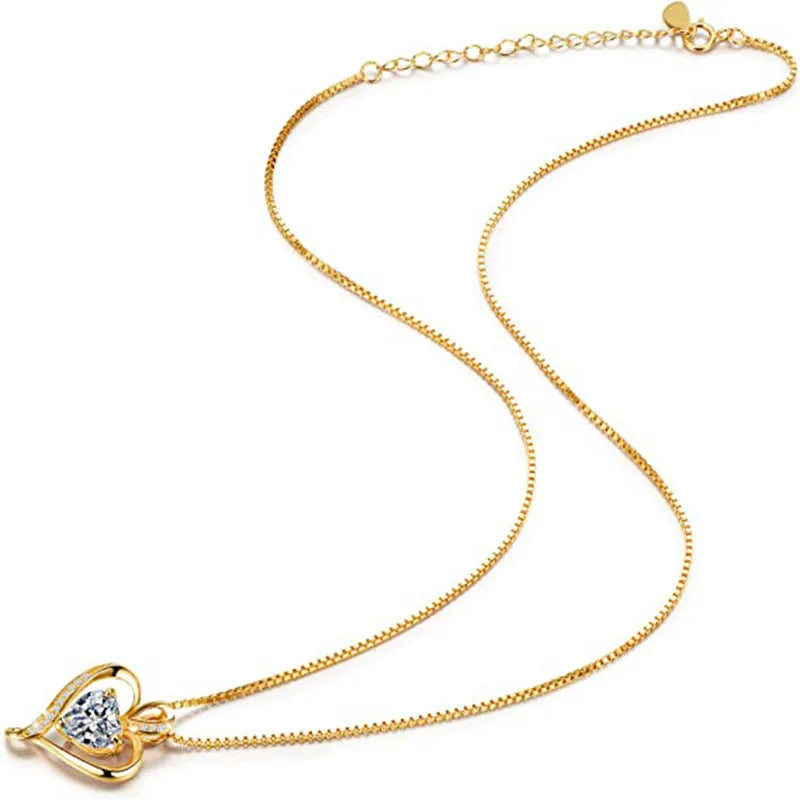 Korean style yellow gold heart copper necklace with inlaid zircon on adjustable O-shaped chain for women