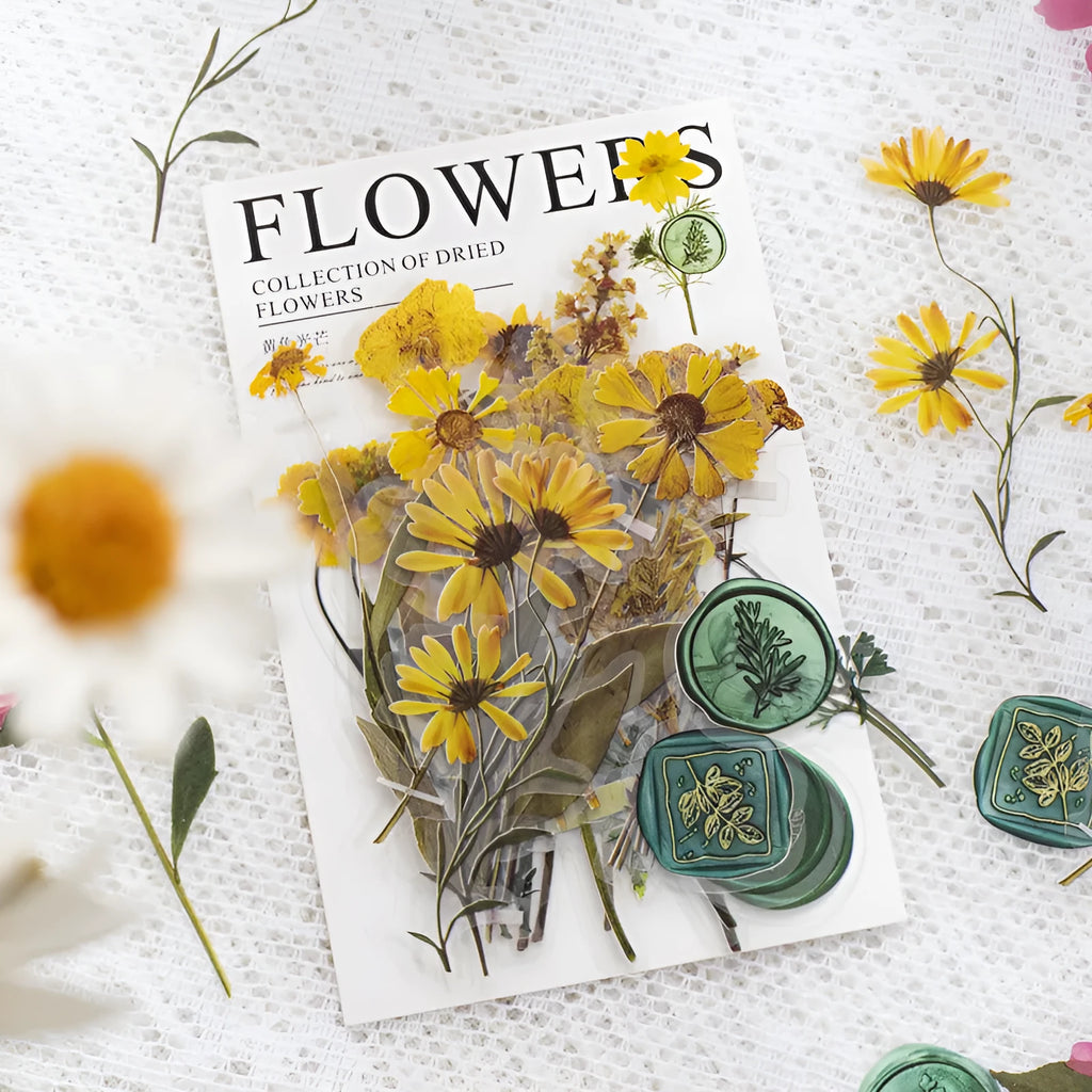 Dried flower journal sticker set with 40 PET sheets in 8 styles including rose nebula and starry night blue designs