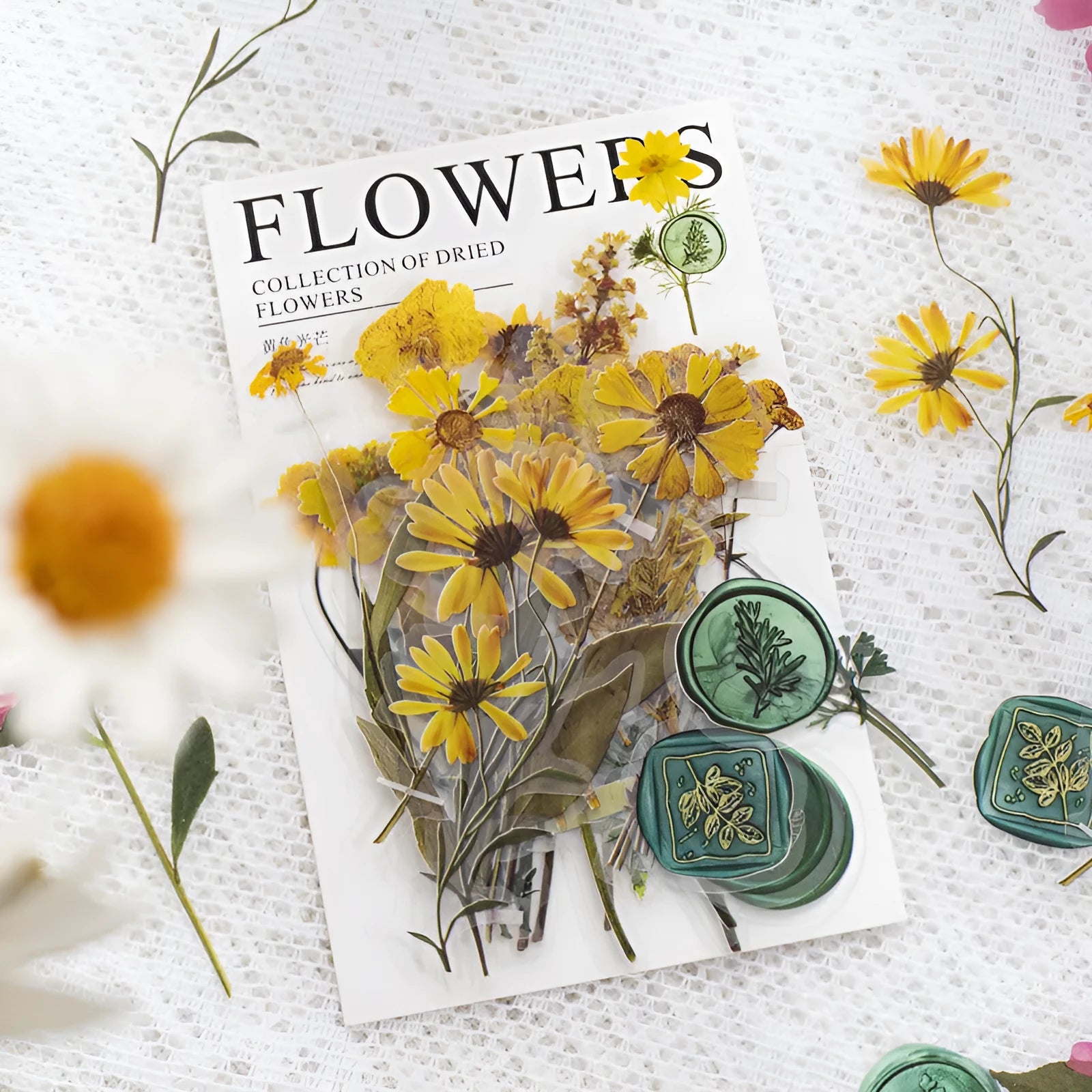 Dried flower journal sticker set with 40 PET sheets in 8 styles including rose nebula and starry night blue designs