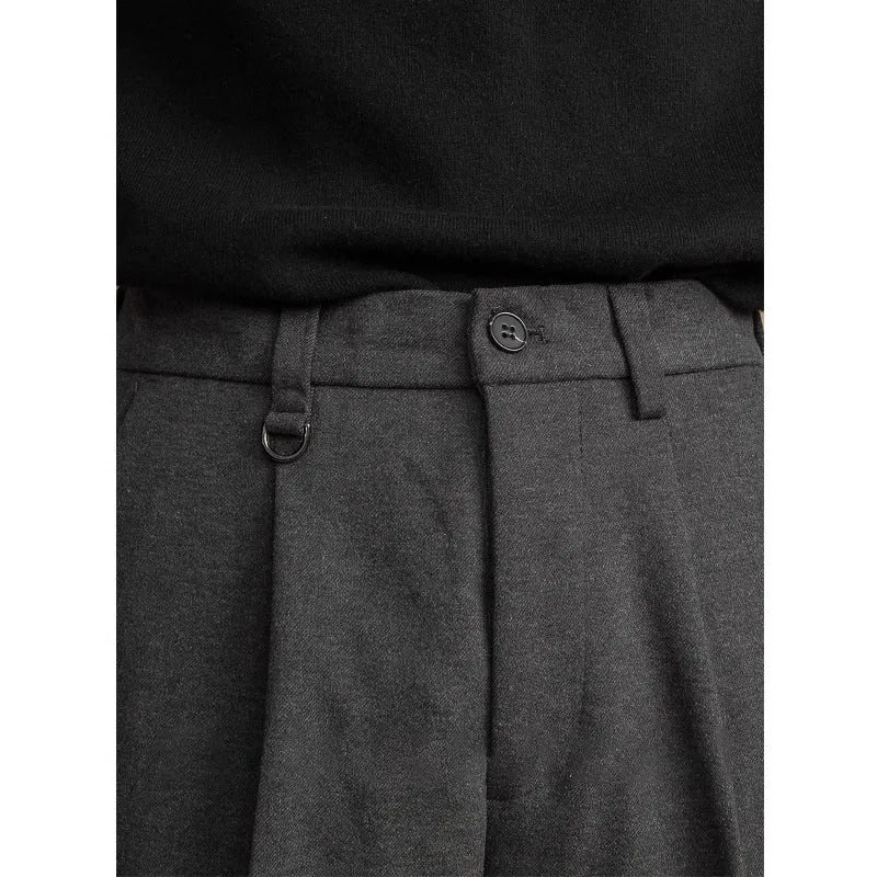 Men's straight-leg drape cut trousers in black, dark gray, khaki, and brown colours