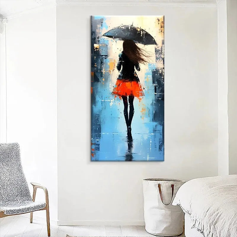 Hand painted abstract oil painting of people walking in rain on canvas, living room wall art, no frame, vertical size