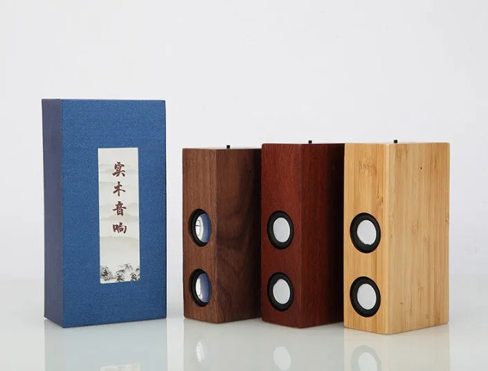 Retro wooden Bluetooth speaker in bamboo, black walnut or sapele wood finish showing USB port