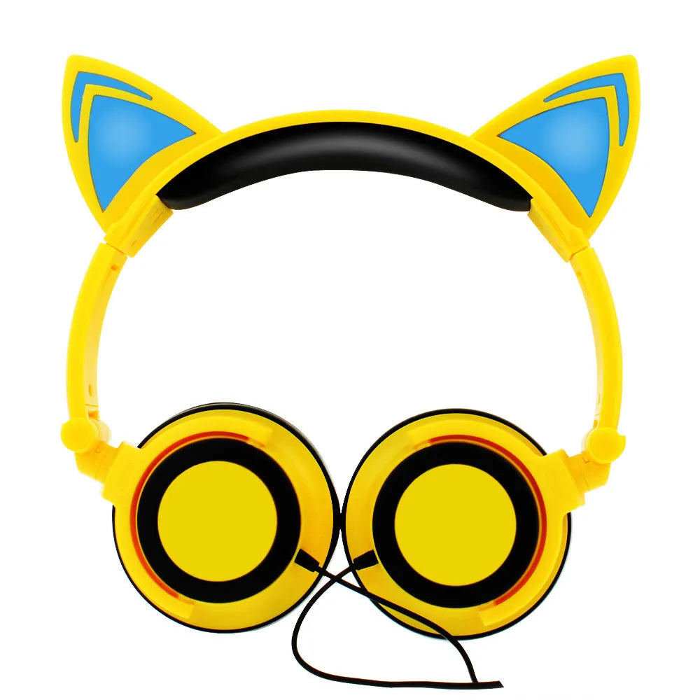 LED illuminated cat ear headphones showing lights on ears and cushions, available in multiple colours
